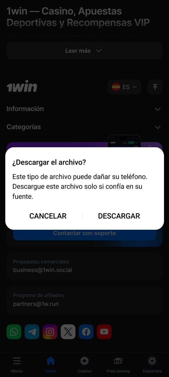 Inicie el proceso de descarga del archivo APK de 1win.