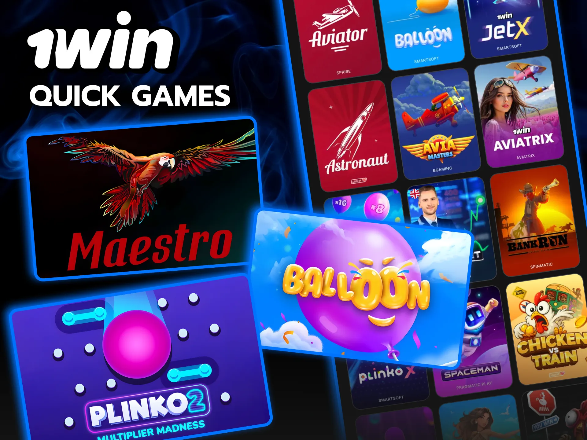 Disfruta Balloon y Maestro en la sección Quick Games de 1win.