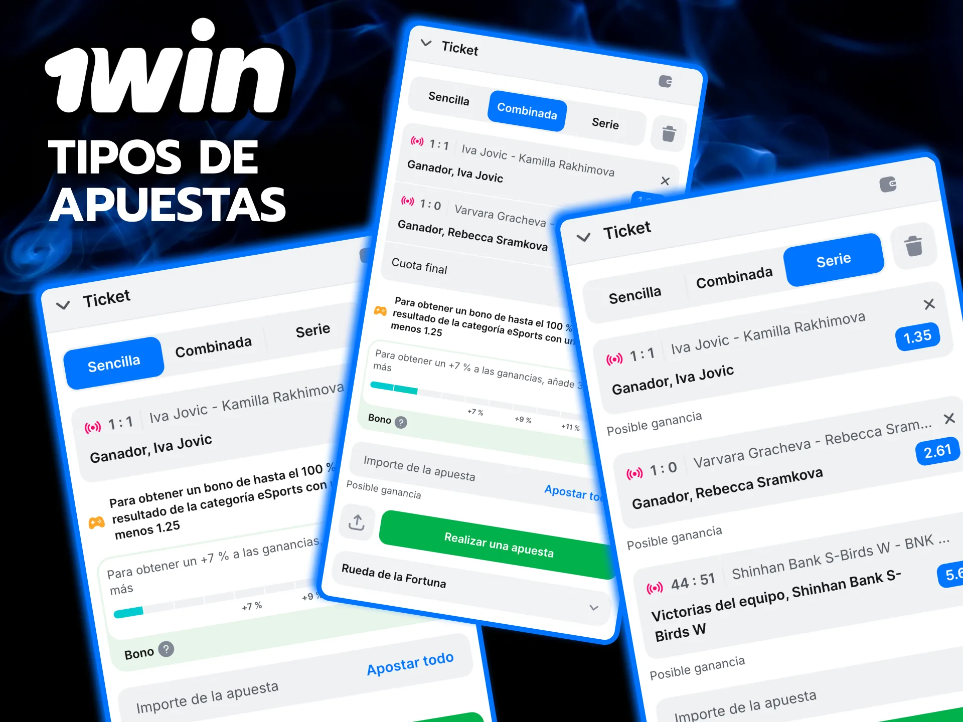 Selecciones únicas o combinadas en 1win con cuotas claras.