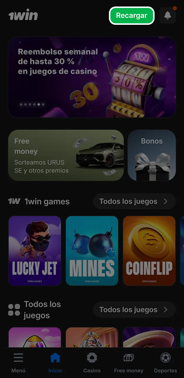 Carga fondos en tu balance personal para activar las partidas de Rocket Queen con 1win.